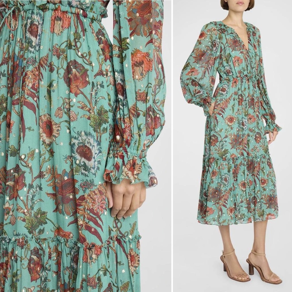 Ulla Johnson Audette Tiered Floral Silk Chiffon Dress Aqua Multi Size 6 - Picture 4 of 9